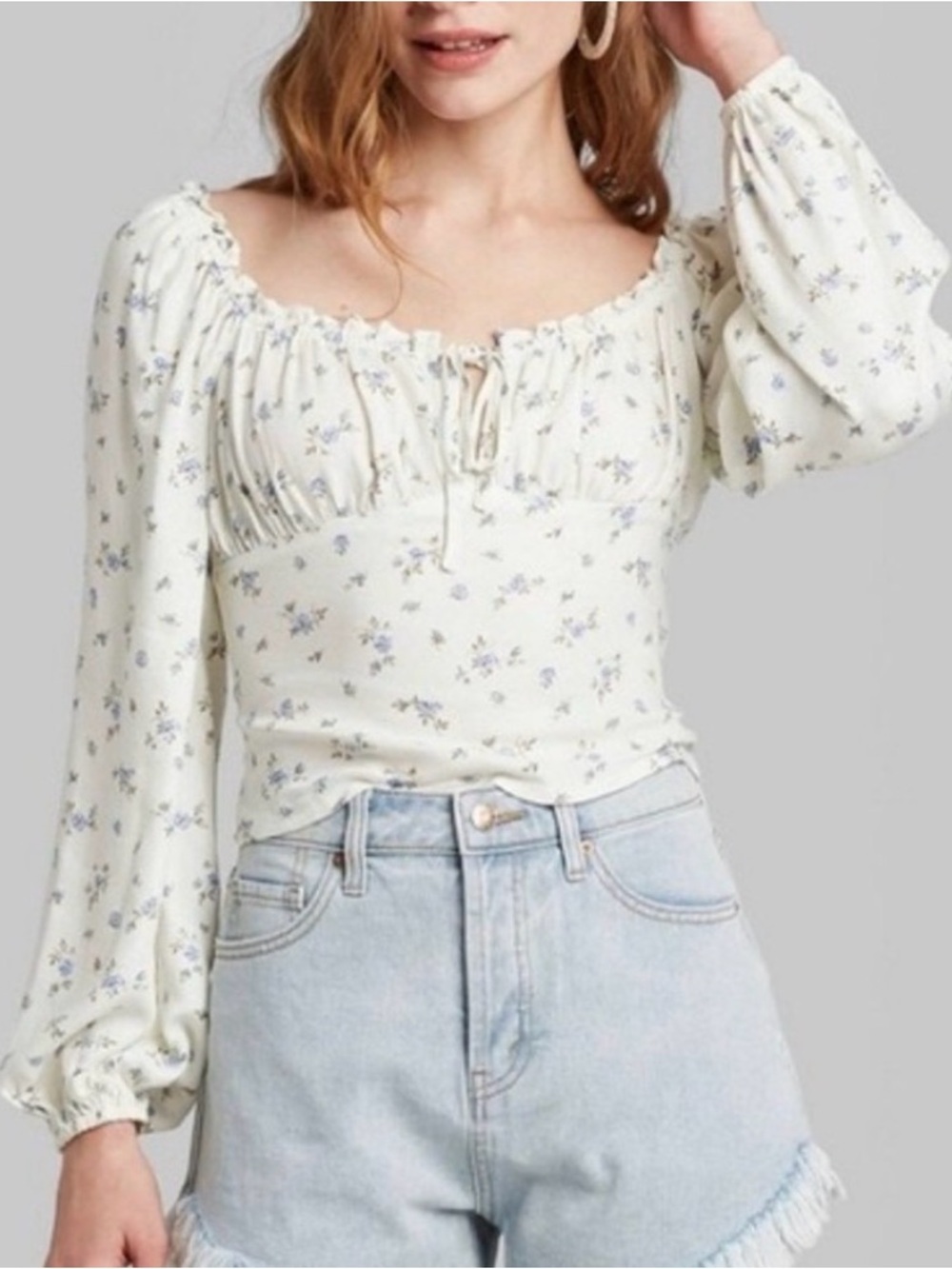 wild fable Cream Floral Peasant Top with Light Blue Print